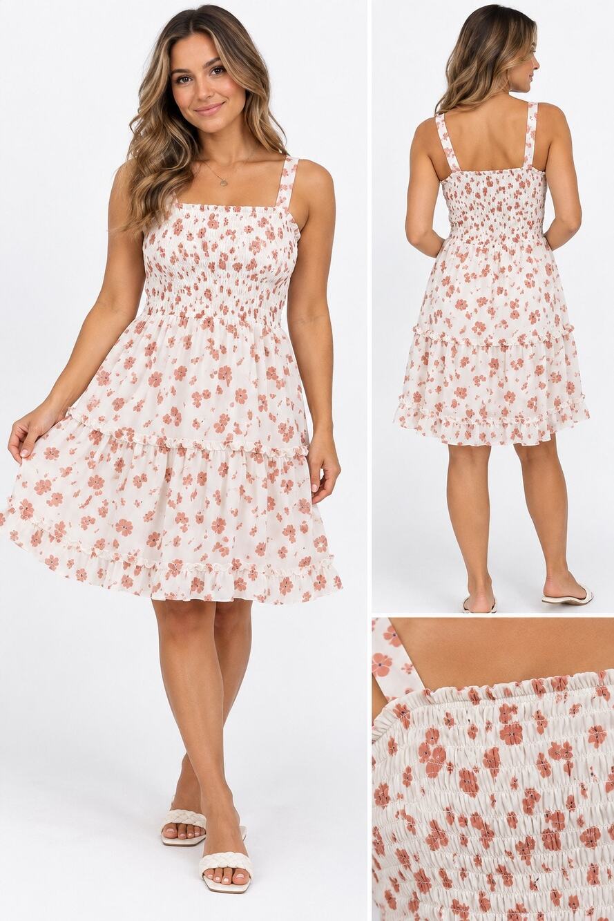 Jessica Simpson Floral Smocked Maxi Dress Women’s L Peach White Boho
